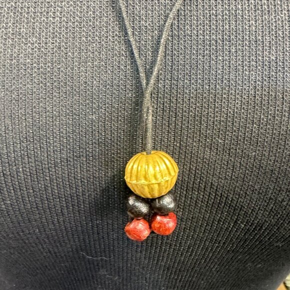 Handcrafted Bohemian Necklace With Gold & Red Beads On Black Cord - Picture 2 of 3